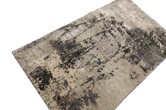 Knotted Rug Gray Ivory Hand Knotted 3'x5' Abstract Modern Contemporary Tibetan Wool and Silk Oriental Area Rug