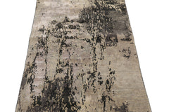 Knotted Rug Gray Ivory Hand Knotted 3'x5' Abstract Modern Contemporary Tibetan Wool and Silk Oriental Area Rug