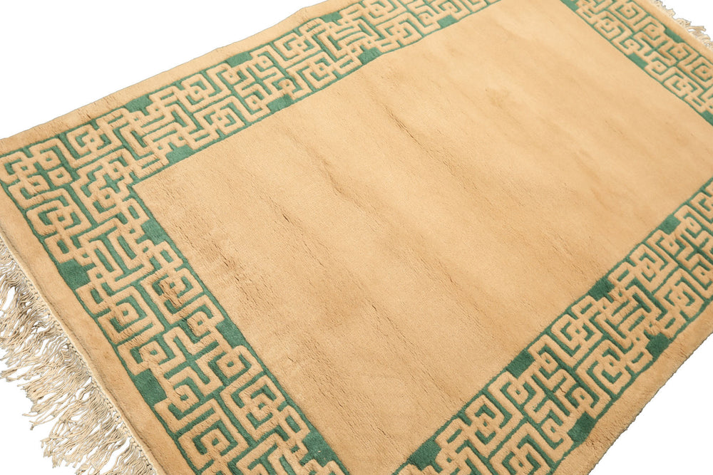 4x6 Tan, Green, Color Hand Knotted Indo Tibetan Wool Transitional Oriental Rug