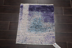 Square Gray, Purple, Ivory Color Hand Knotted Wool & Silk Modern Oriental Rug