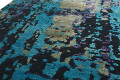 Knotted Rug Turquoise Gray Hand Knotted Square Tibetan Modern Contemporary Wool and Silk Oriental Area Rug