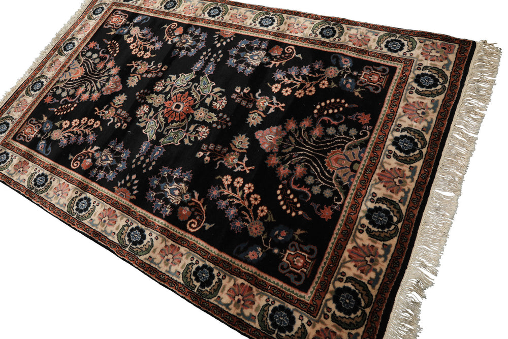 4x6 Black, Ivory, Sage Color Hand Knotted Indo Sarouk New Zealand Wool Traditional Oriental Rug
