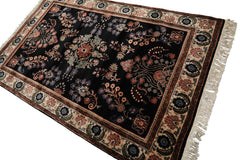 4x6 Black, Ivory, Sage Color Hand Knotted Indo Sarouk New Zealand Wool Traditional Oriental Rug