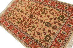 4x6 Ivory, Teracotta, Green Color Hand Knotted Indo Kashan Wool Traditional Oriental Rug
