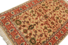 4x6 Ivory, Teracotta, Green Color Hand Knotted Indo Kashan Wool Traditional Oriental Rug