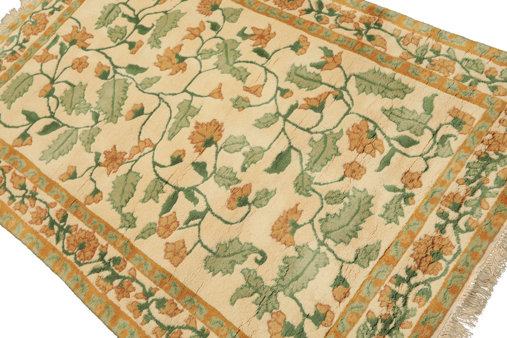 4x6 Ivory, Gold, Green Color Hand Knotted French Aubusson Savonnerie Wool Traditional Oriental Rug