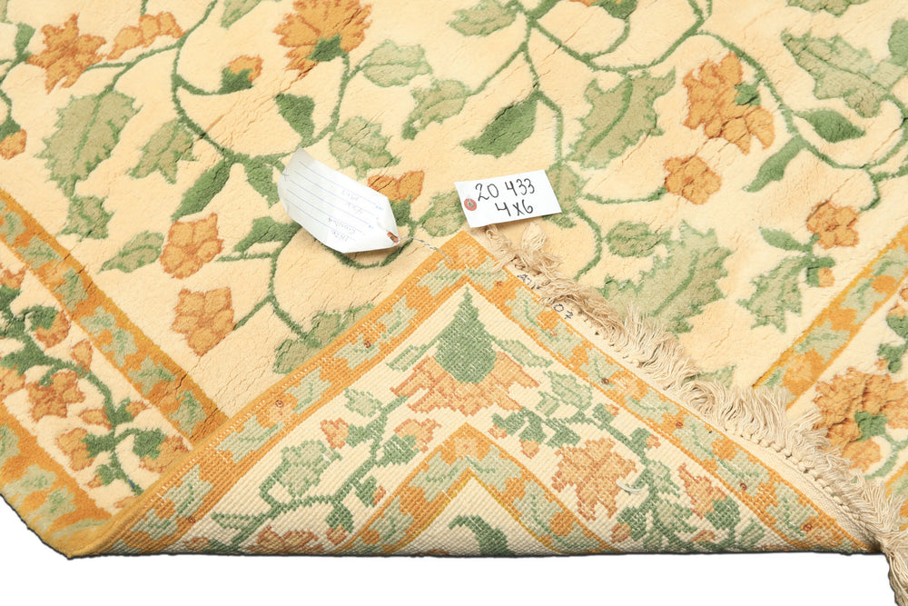 4x6 Ivory, Gold, Green Color Hand Knotted French Aubusson Savonnerie Wool Traditional Oriental Rug