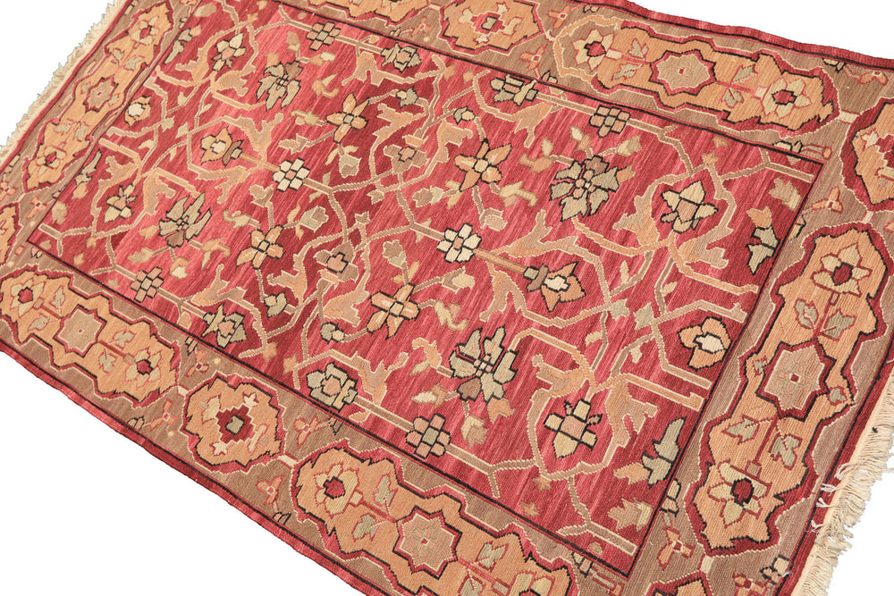 4x6 Rose, Tan, Ivory Color Hand Knotted Soumak Wool Transitional Oriental Rug