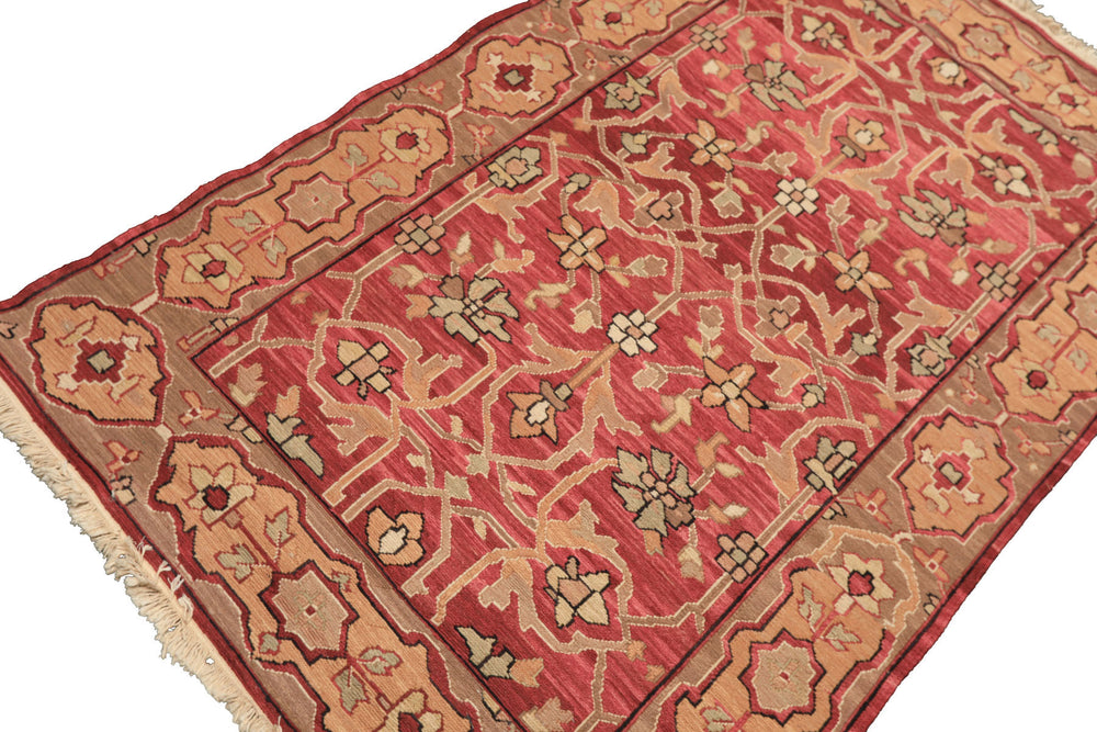 4x6 Rose, Tan, Ivory Color Hand Knotted Soumak Wool Transitional Oriental Rug