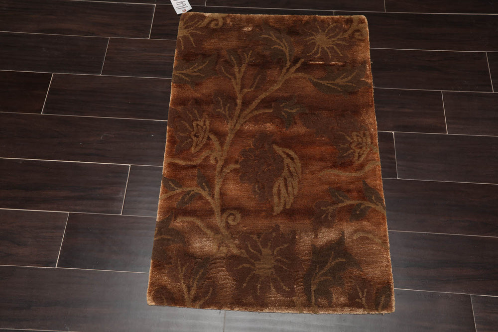 2x3 Brown, Green, Color Hand Knotted Wool & Silk Transitional Oriental Rug