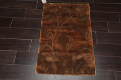 2x3 Brown, Green, Color Hand Knotted Wool & Silk Transitional Oriental Rug