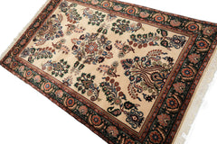 4x6 Ivory, Green, Rose Color Hand Knotted Indo Sarouk New Zealand Wool Traditional Oriental Rug