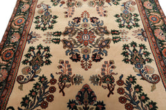 4x6 Ivory, Green, Rose Color Hand Knotted Indo Sarouk New Zealand Wool Traditional Oriental Rug