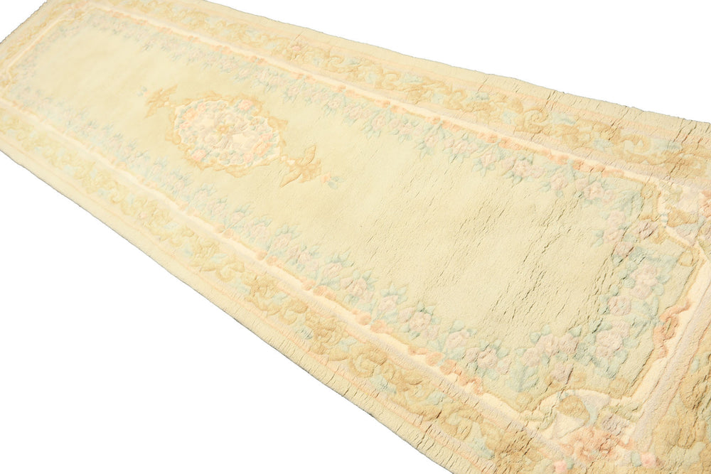 Runner Faded Mint, Aqua, Blush Color Hand Knotted French Aubusson Savonnerie Wool Traditional Oriental Rug