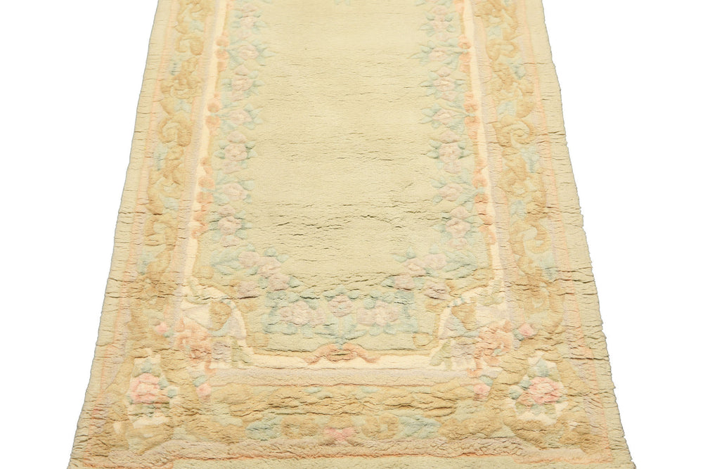 Runner Faded Mint, Aqua, Blush Color Hand Knotted French Aubusson Savonnerie Wool Traditional Oriental Rug