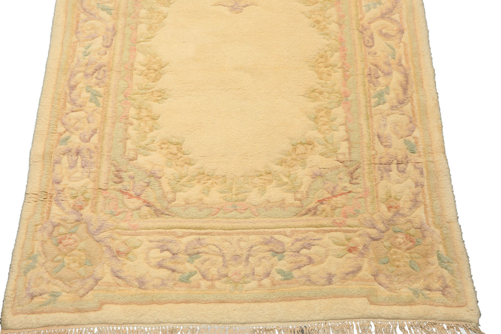 Runner Ivory, Mint, Lavender Color Hand Knotted French Aubusson Savonnerie Wool Traditional Oriental Rug