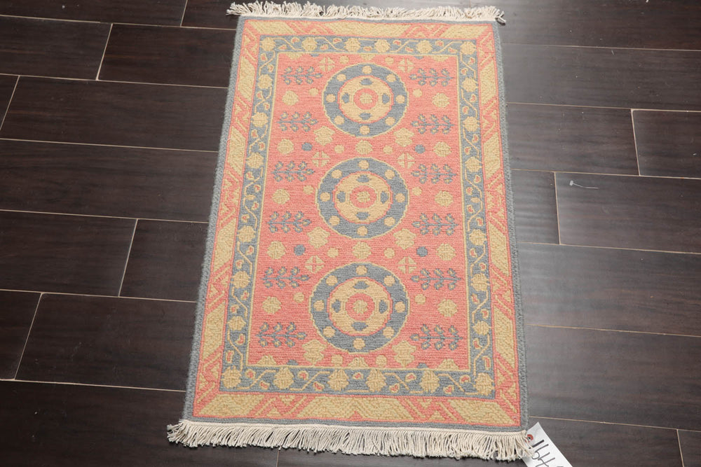 2x3 Rose, Blue, Gold Color Hand Knotted Soumak 100% Wool Transitional Oriental Rug