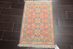 2x3 Rose, Blue, Gold Color Hand Knotted Soumak 100% Wool Transitional Oriental Rug