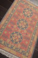 2x3 Rose, Blue, Gold Color Hand Knotted Soumak 100% Wool Transitional Oriental Rug