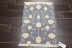 2x3 Blue, Ivory, Tan Color Hand Knotted Soumak 100% Wool Transitional Oriental Rug