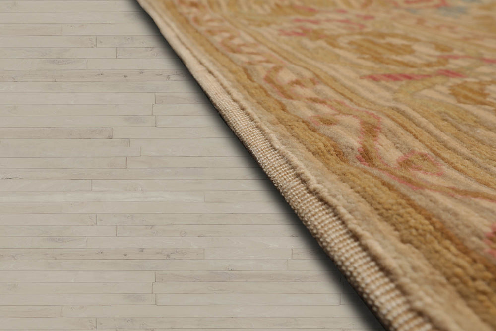 Palace Beige, Blue, Rose Color Hand Knotted 100% Wool Transitional Oriental Rug