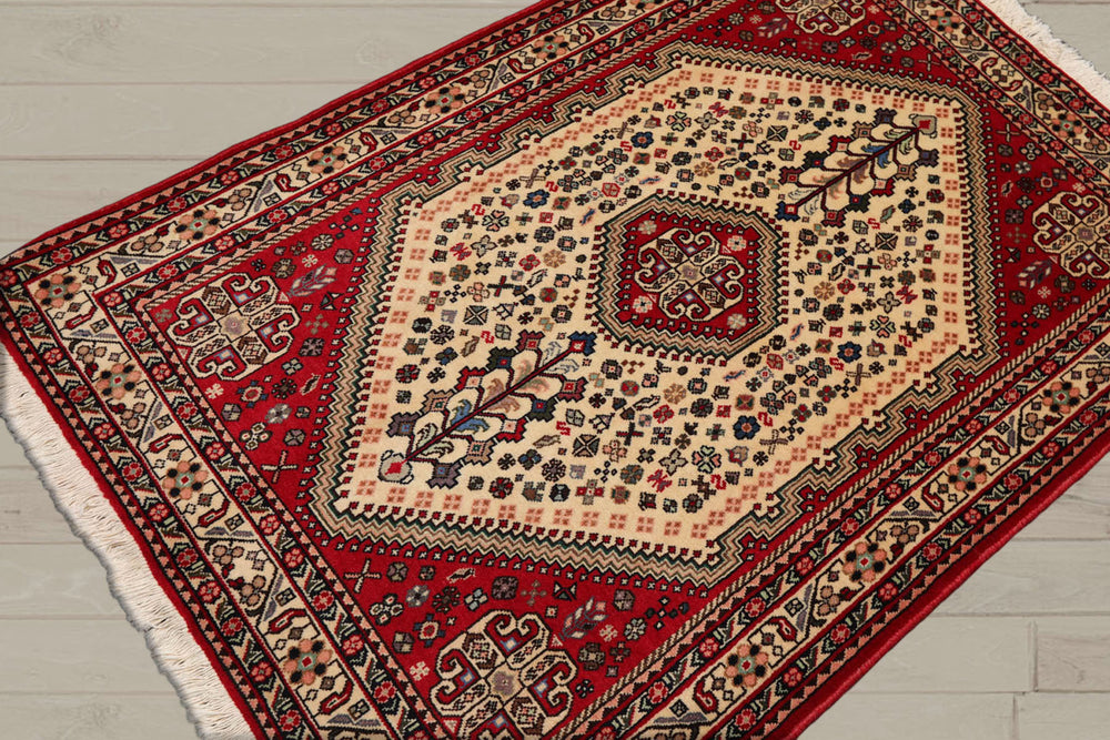 3x5 Ivory, Red, Aqua Color Hand Knotted Abadeh 100% Wool Traditional Oriental Rug