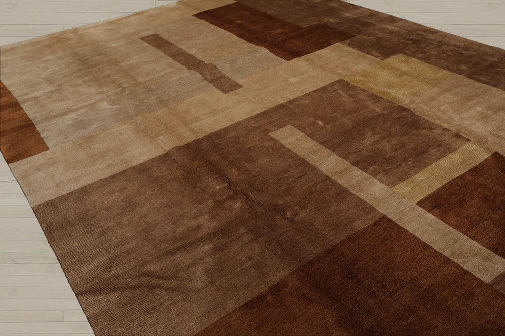 9x12 Beige, Brown, Caramel Color Hand Knotted Wool & Silk Modern Oriental Rug