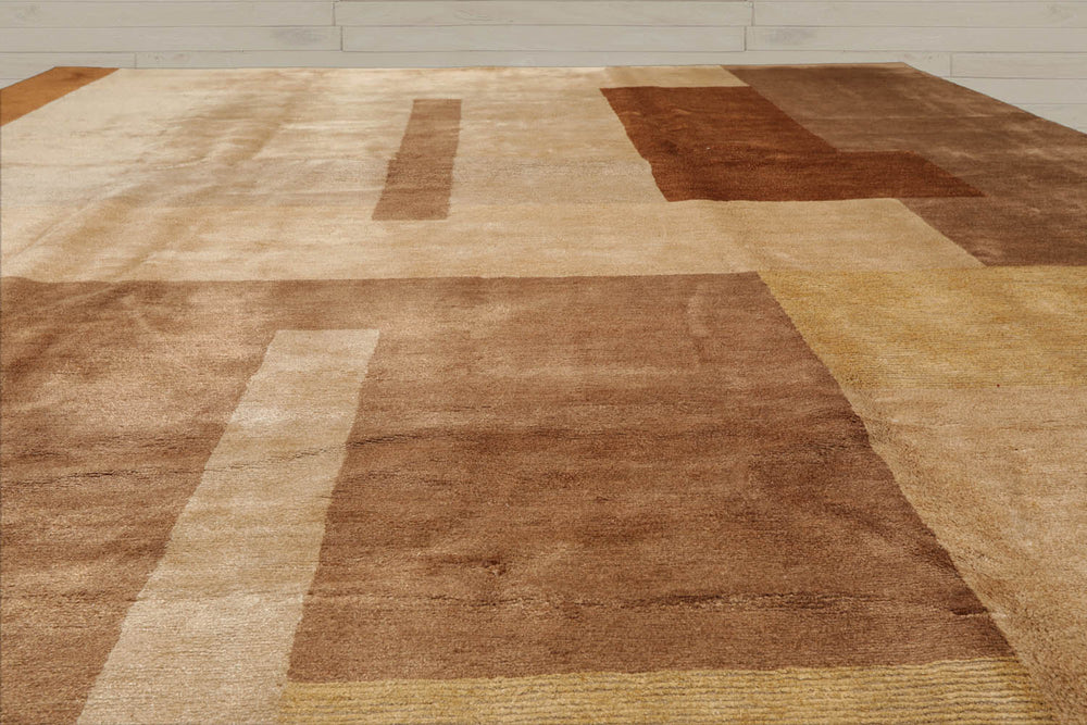 9x12 Beige, Brown, Caramel Color Hand Knotted Wool & Silk Modern Oriental Rug