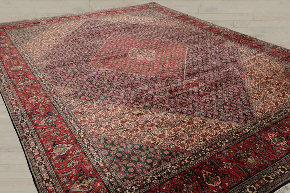 10x14 Midnight Blue, Coral, Ivory Color Hand Knotted Bidjar 100% Wool Traditional Oriental Rug