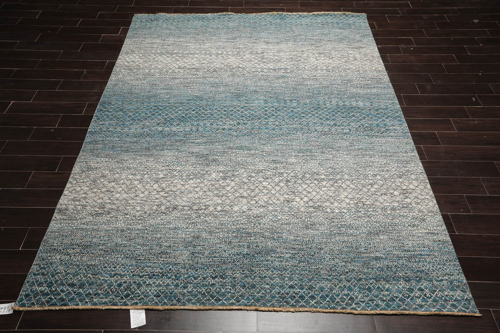 8x10 Cream, Aqua, Gray Color Hand Knotted 100% Wool Modern Oriental Rug