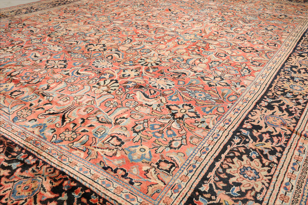 Palace Salmon, Black, Blue Color Hand Knotted Mahal 100% Wool Traditional Oriental Rug