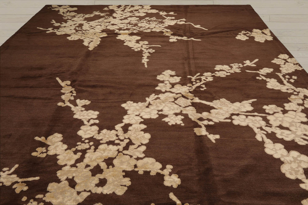 10x14 Brown, Beige, Light Gold Color Hand Knotted Tibetan Wool & Silk Modern Oriental Rug