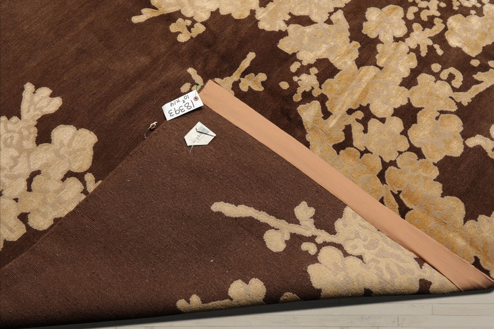 10x14 Brown, Beige, Light Gold Color Hand Knotted Tibetan Wool & Silk Modern Oriental Rug