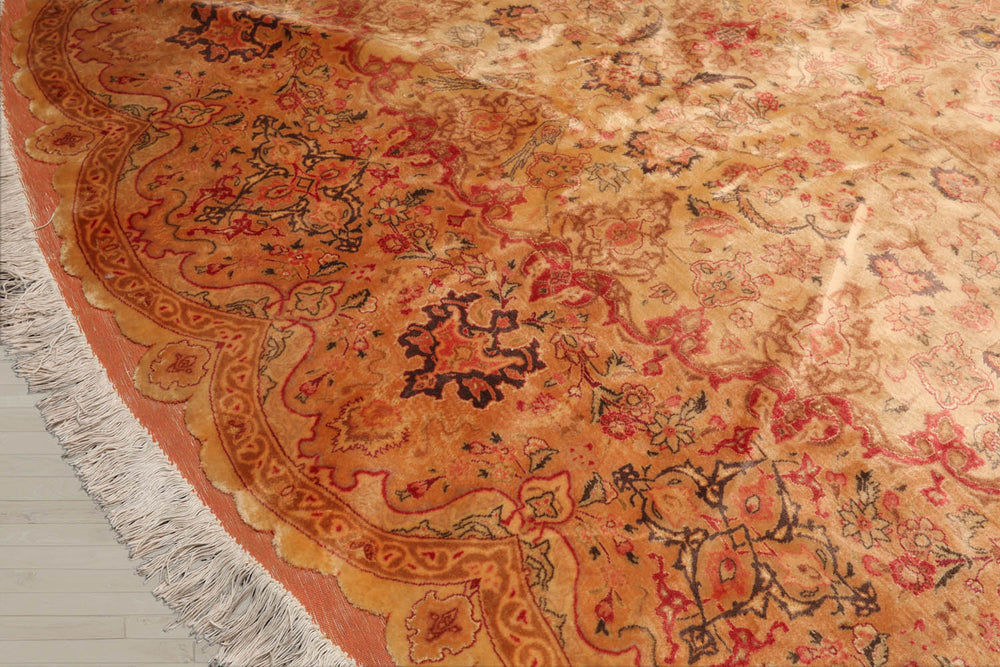 Round Tan, Peach, Rose Color Hand Knotted Tabriz Wool & Silk Traditional Oriental Rug