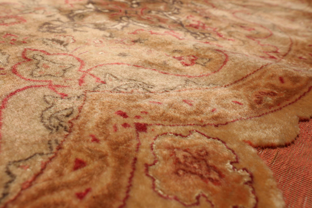 Round Tan, Peach, Rose Color Hand Knotted Tabriz Wool & Silk Traditional Oriental Rug