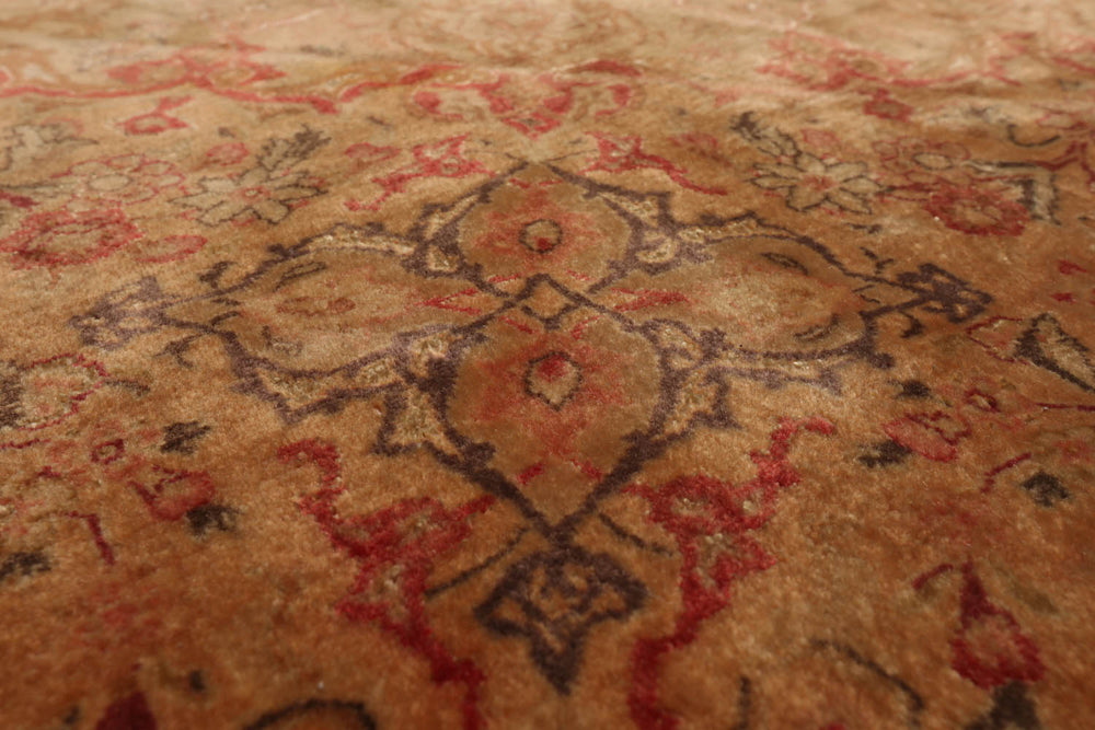 Round Tan, Peach, Rose Color Hand Knotted Tabriz Wool & Silk Traditional Oriental Rug