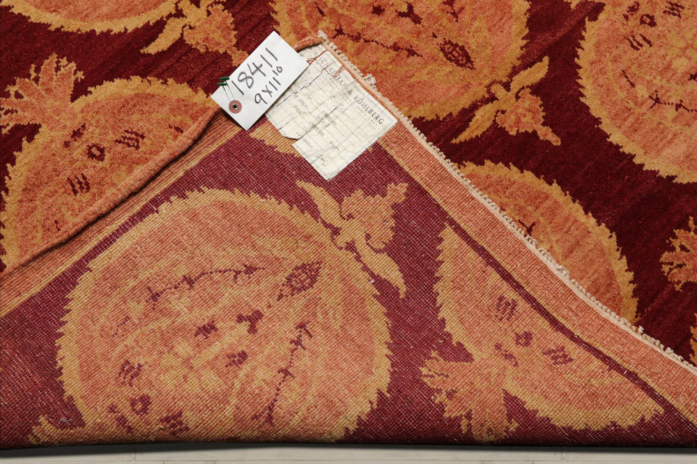 9x12 Rust, Peach, Light Gold Color Hand Knotted 100% Wool Transitional Oriental Rug