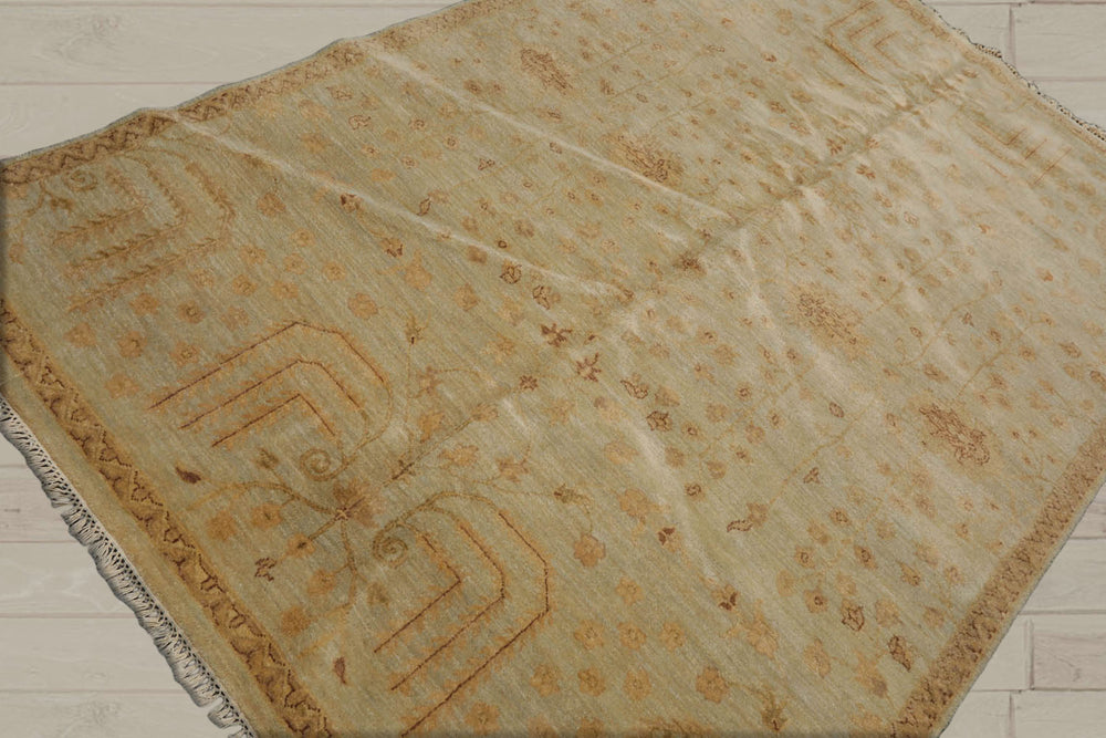 5x8 Moss, Gold, Brown Color Hand Knotted 100% Wool Transitional Oriental Rug