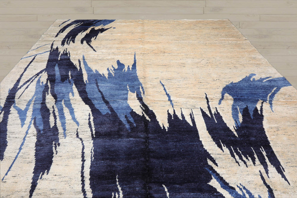 10x14 Beige, Ivory, Blue Color Hand Knotted Tibetan 100% Wool Modern Oriental Rug