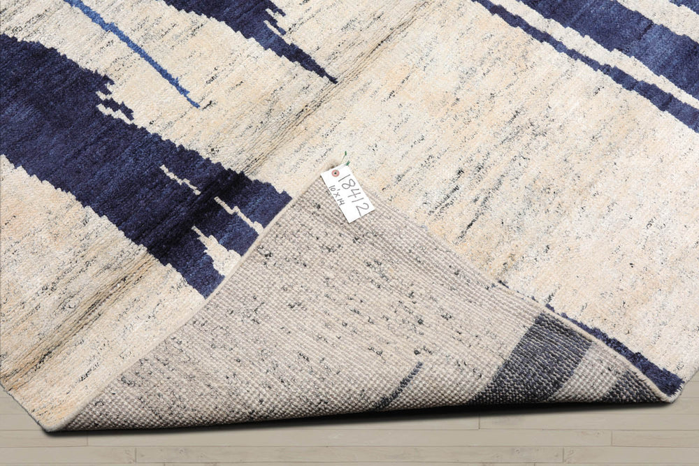 10x14 Beige, Ivory, Blue Color Hand Knotted Tibetan 100% Wool Modern Oriental Rug