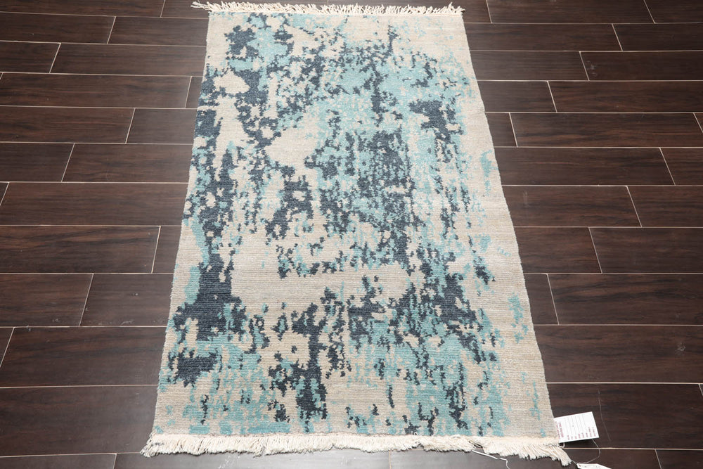 3x5 Beige, Gray, Aqua Color Hand Knotted 100% Wool Modern Oriental Rug