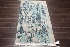 3x5 Beige, Gray, Aqua Color Hand Knotted 100% Wool Modern Oriental Rug