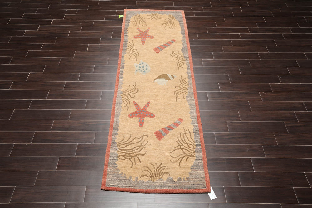 Runner Beige, Pistacchio, Dark Gray Color Hand Knotted 100% Wool Modern Oriental Rug