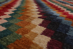 2'6x12 Red, Green, Blue Color Hand Knotted Wool & Silk Contemporary Oriental Rug