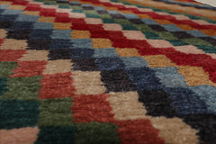 2'6x12 Red, Green, Blue Color Hand Knotted Wool & Silk Contemporary Oriental Rug