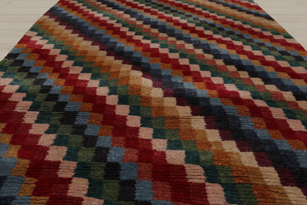 2'6x12 Red, Green, Blue Color Hand Knotted Wool & Silk Contemporary Oriental Rug