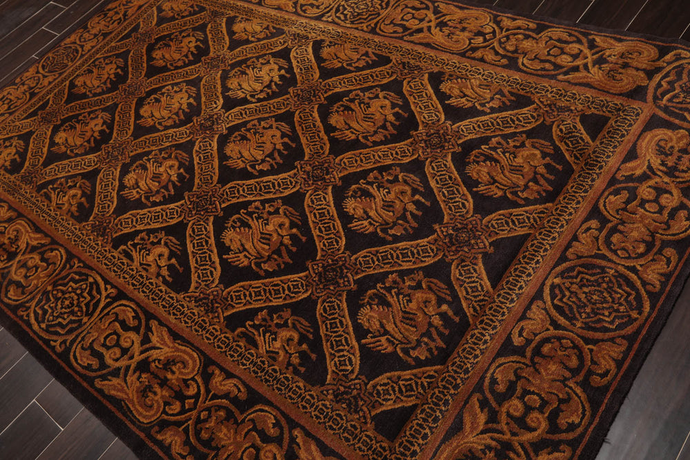 6x9 Charcoal, Brown, Gold Color Hand Knotted 100% Wool Transitional Oriental Rug