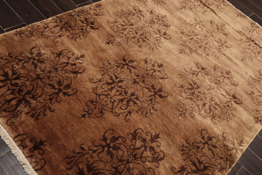 5x8 Tan, Brown, Color Hand Knotted 100% Wool Transitional Oriental Rug