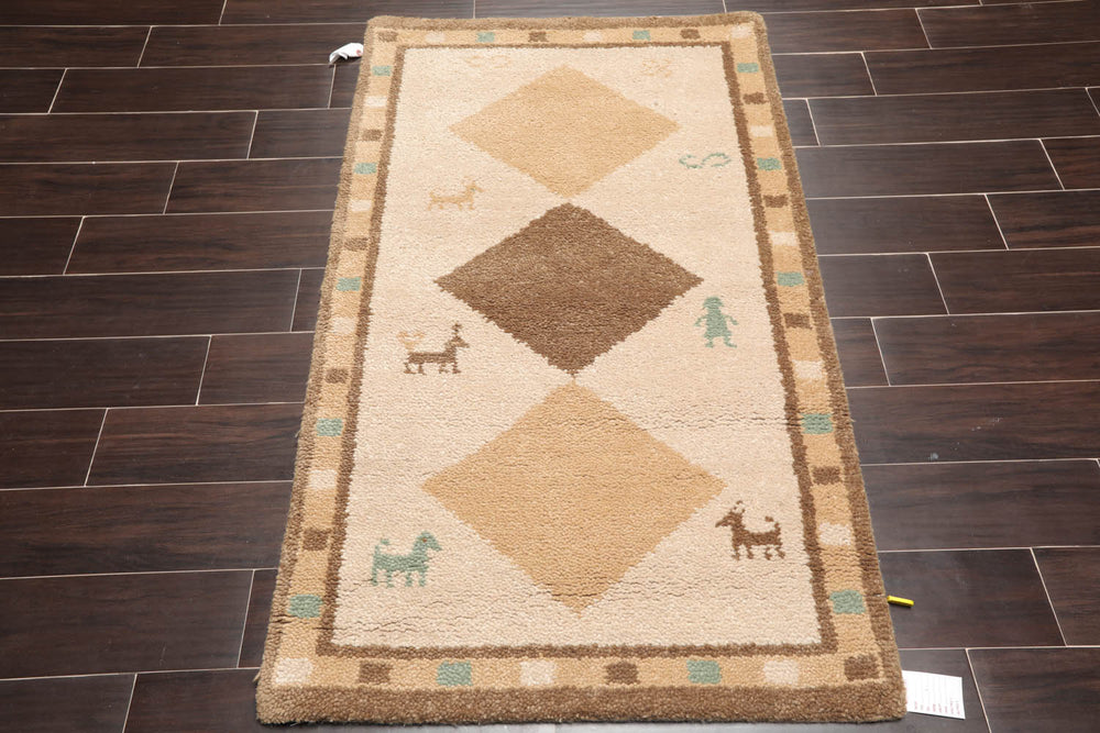 3x5 Beige, Brown, Caramel Color Hand Knotted Gabbeh 100% Wool Modern Oriental Rug