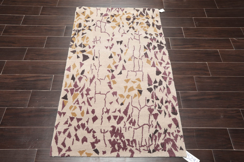3x5 Beige, Charcoal, Aubergine Color Hand Knotted 100% Wool Modern Oriental Rug